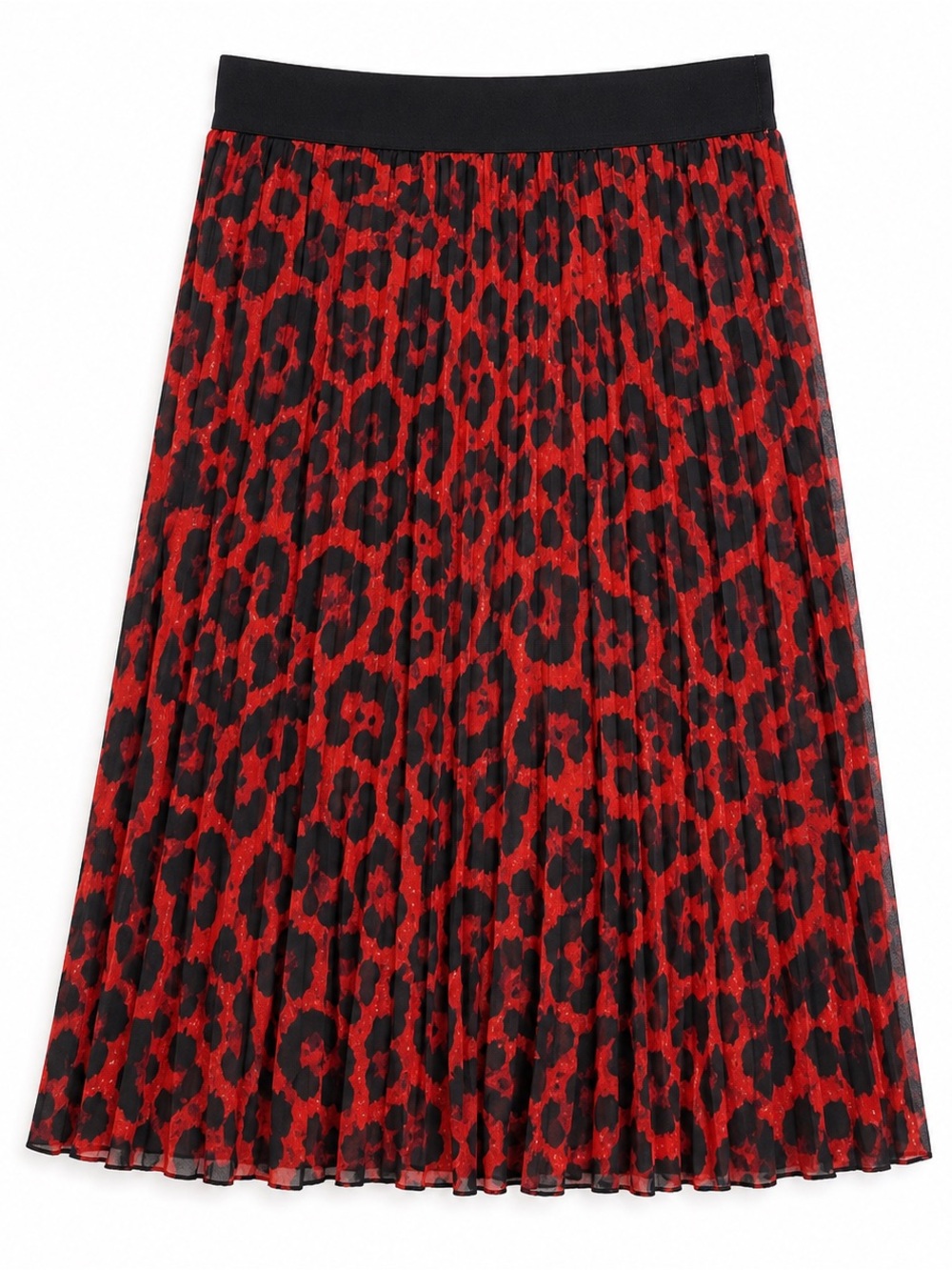 MetroWear Red Leopard Pleated Midi Skirt Sheer Lined Elastic Waist S